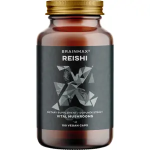 Produkt BrainMax Reishi extrakt, 50 % polysacharidů a 20 % beta-1,3/1,6 D-glukanů, 500 mg, 100 rostlinných kapslí