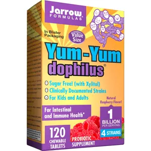 Produkt Jarrow Formulas Jarrow Yum-Yum Dophilus (probiotika pro děti), 1 milarda organismů, 4 probiotické kmeny, Malina, 120 žvýkacích pastilek