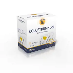 Produkt mcePharma COLOSTRUM 800 mg + Vitamín D3 500IU, Kolostrum, 30 sticků s jahodovou příchutí