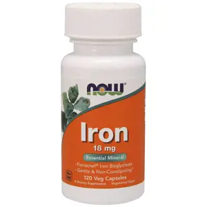 Produkt Now® Foods NOW Iron Bisglycinate, železo chelát (Ferrochel), 18 mg, 120 rostlinných kapslí