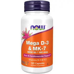 Produkt Now® Foods NOW Mega D3 & MK-7, Vitamín d3 5000 IU & Vitamín K2 180 ug, 120 rostlinných kapslí