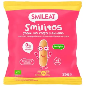 Produkt Smileat kukuřičné křupky banán a jahoda s panenským olivovým olejem 8M+, BIO, 25 g