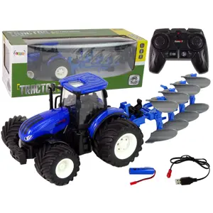 Produkt Mamido Traktor na dálkové ovládání 1:24 s kovovým pluhem modrý RC