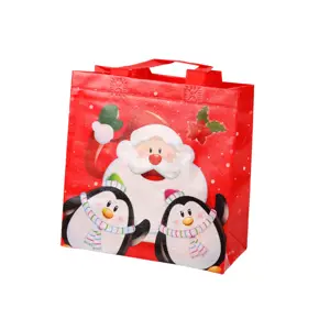 Produkt Vánoční dárková taška Santa Klaus a tučňáčci 22cm x 22cm x 11cm červená